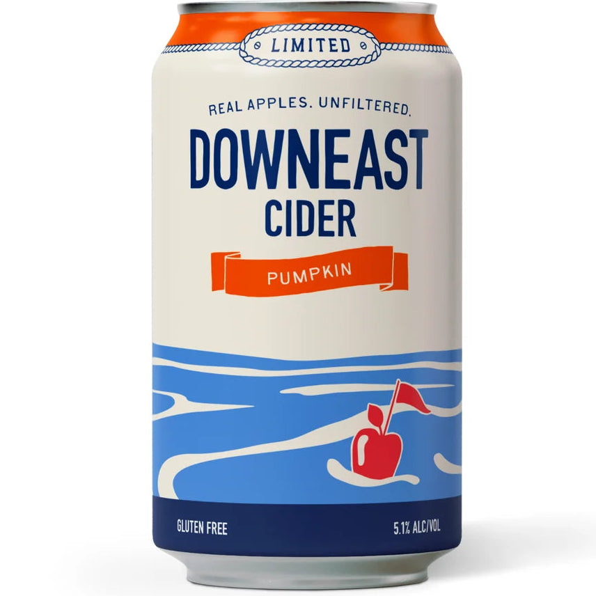 Downeast Cider Pumpkin flavor, featuring a cream-colored label with blue and orange graphics, set against a plain white background.
