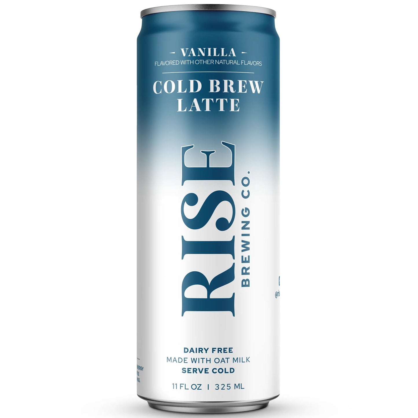 A single can of Rise Brewing Co. Vanilla Cold Brew Latte, featuring a blue-to-white gradient design with dark blue typography, set against a plain white background.