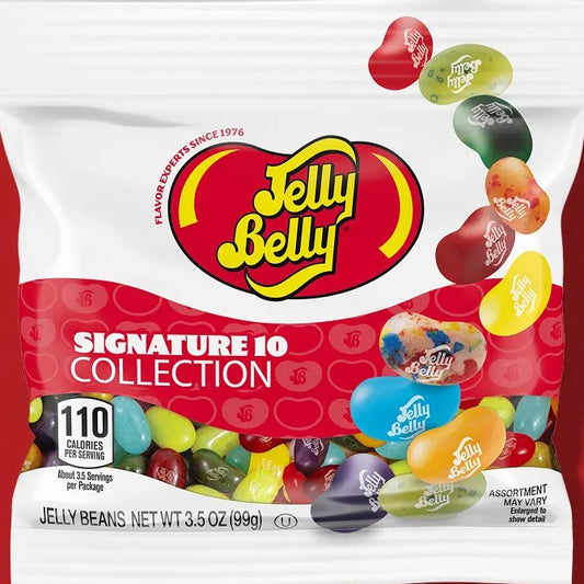 A 3.5 oz bag of Jelly Belly Signature 10 Collection jelly beans, featuring the classic red and yellow logo and illustrations of assorted colorful jelly beans.