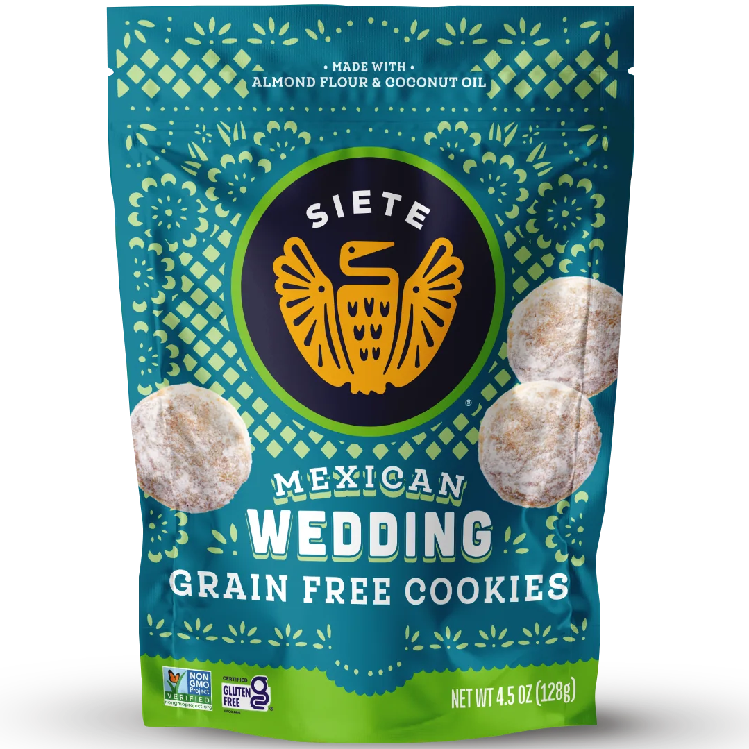 A 4.5 oz bag of Siete Mexican Wedding Grain Free Cookies, featuring a teal and green patterned stand-up pouch with a central circular logo and illustrations of the cookies.