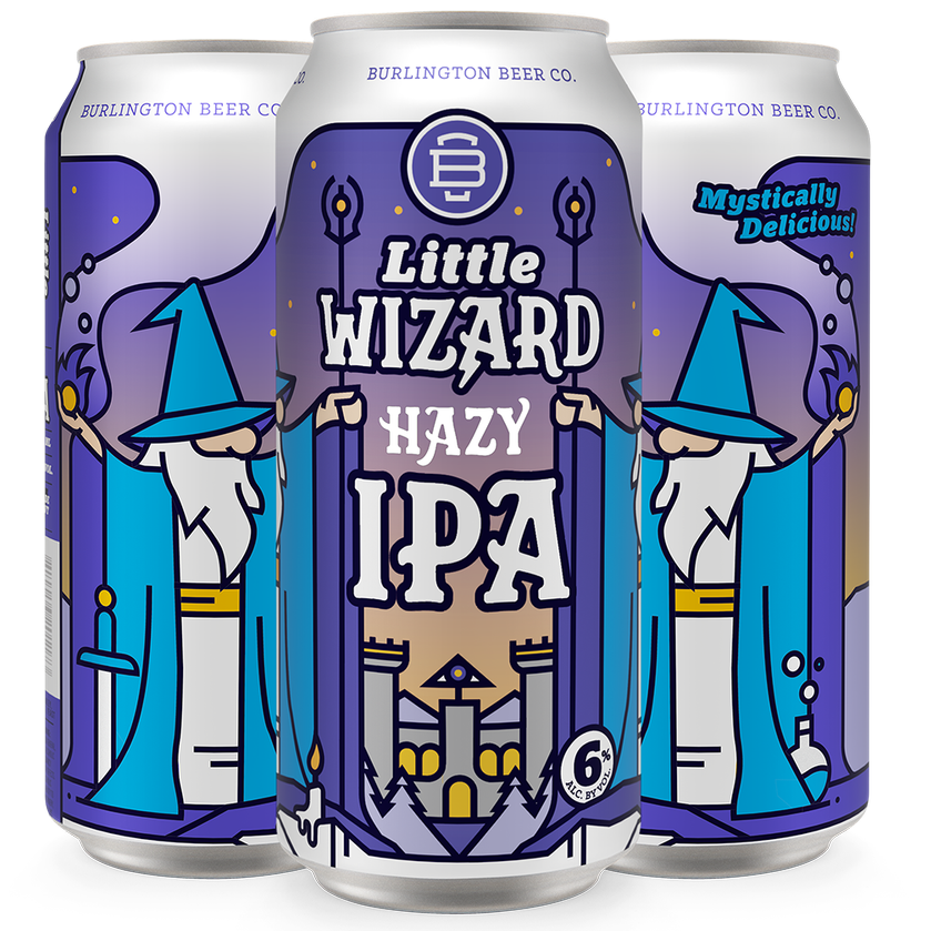 Three aluminum beer cans for Burlington Beer Co. 'Little Wizard Hazy IPA' with a stylized wizard illustration in purple, blue, white, and tan tones on a black background.