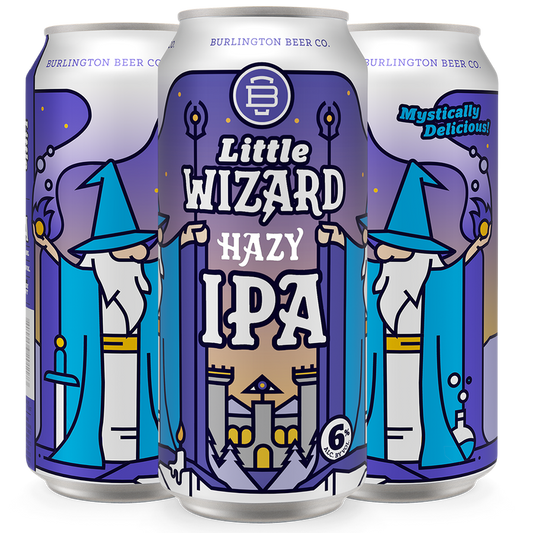 Three aluminum beer cans for Burlington Beer Co. 'Little Wizard Hazy IPA' with a stylized wizard illustration in purple, blue, white, and tan tones on a black background.
