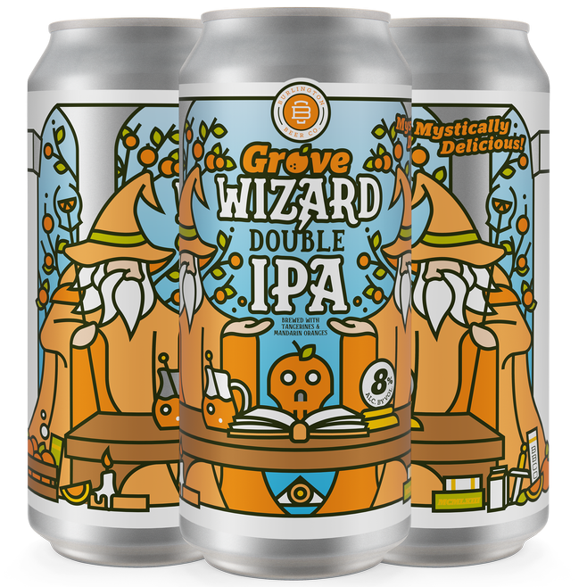 Three aluminum cans of Grove Wizard Double IPA beer, featuring a colorful illustration of a wizard with a large hat and beard on a light blue background.