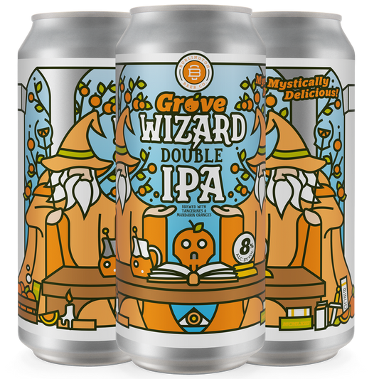 Three aluminum cans of Grove Wizard Double IPA beer, featuring a colorful illustration of a wizard with a large hat and beard on a light blue background.