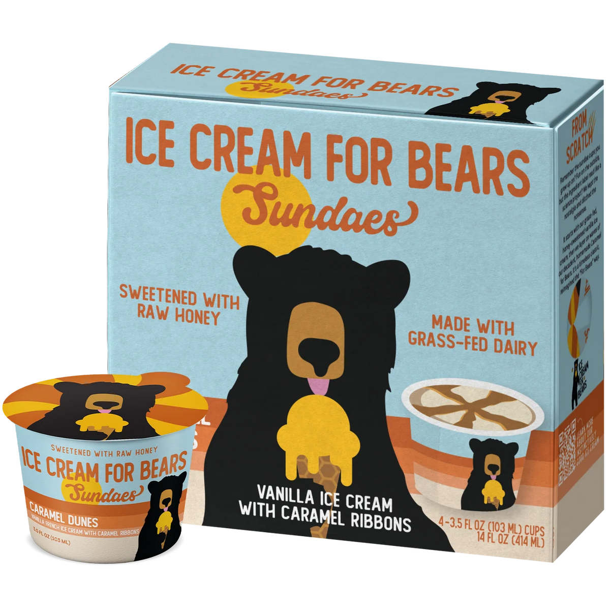 A box and single cup of Sundoes Ice Cream for Bears Vanilla Ice Cream with Caramel Ribbons, shown on a clean white background.