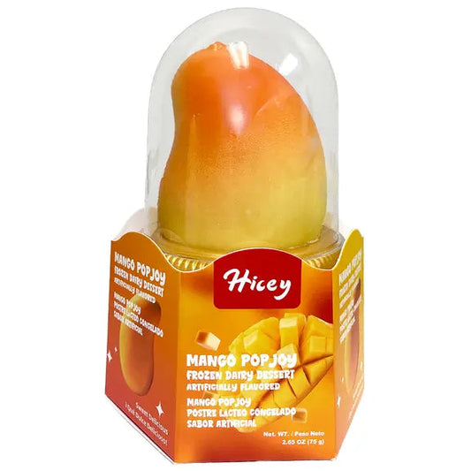 Hicey Mango Pop Joy frozen body spray in a clear dome package with an orange and yellow mango-shaped spray bottle on a branded orange display box.