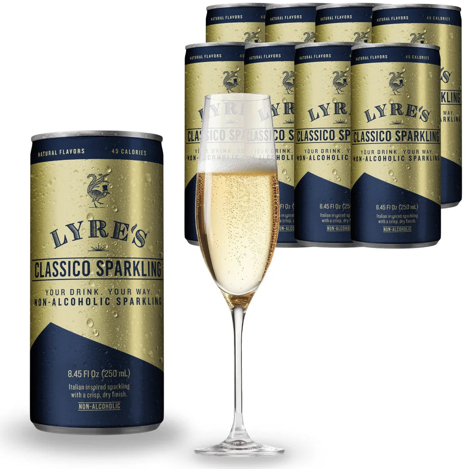 Lyre's Classic Sparkling non-alcoholic sparkling wine with a glass of champagne on a white background