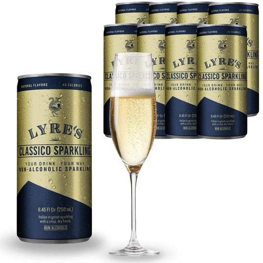 Lyre's Classic Sparkling non-alcoholic sparkling wine with a glass of champagne on a white background