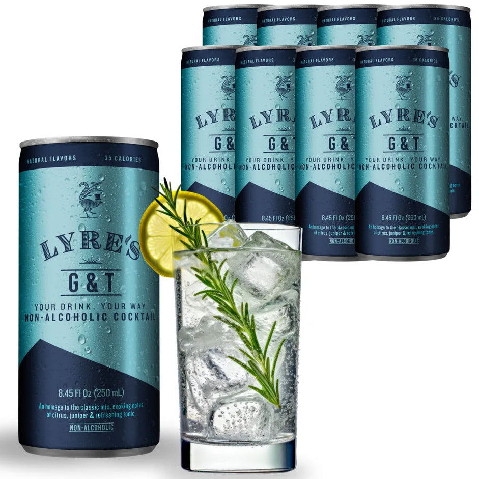 LYRE'S G&T non-alcoholic cocktail cans with a glass of the cocktail garnished with a lemon and rosemary.
