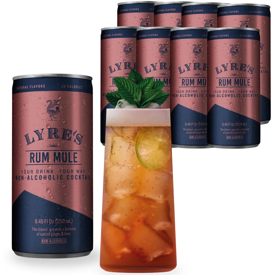 Lyre's Rum Mule non-alcoholic cocktail cans with a mocktail on a white background