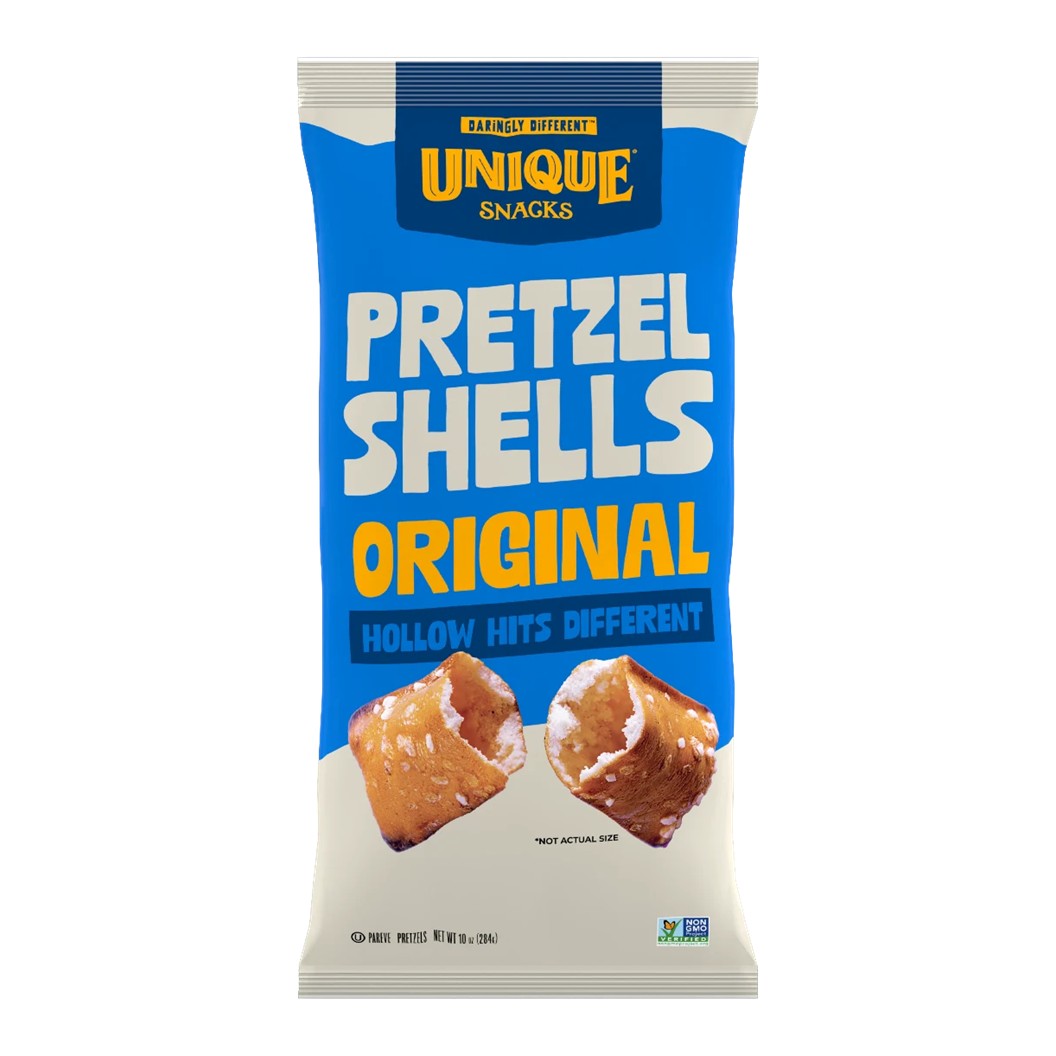 A bag of Unique Snacks Pretzel Shells Original, featuring a bright blue and white packaging design with yellow text and images of the pretzel shells on a white background.