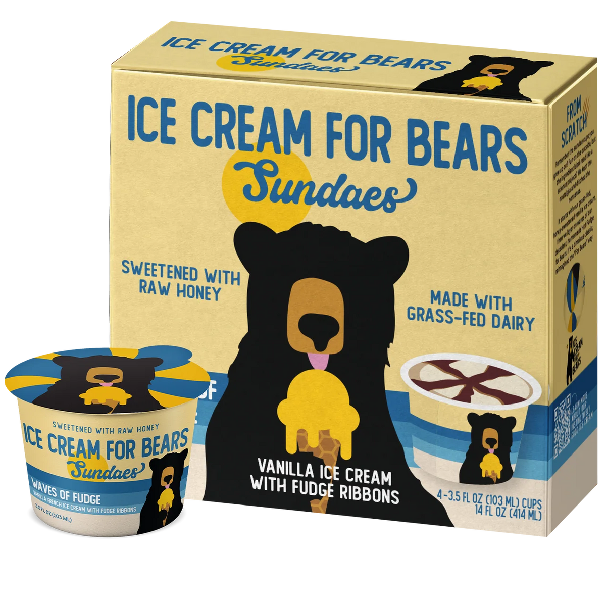 A box and cup of Sundaes 'Ice Cream for Bears' vanilla ice cream with fudge ribbons, shown on a plain white background. The packaging features a tan background with a large black bear holding a yellow ice cream cone and blue text.