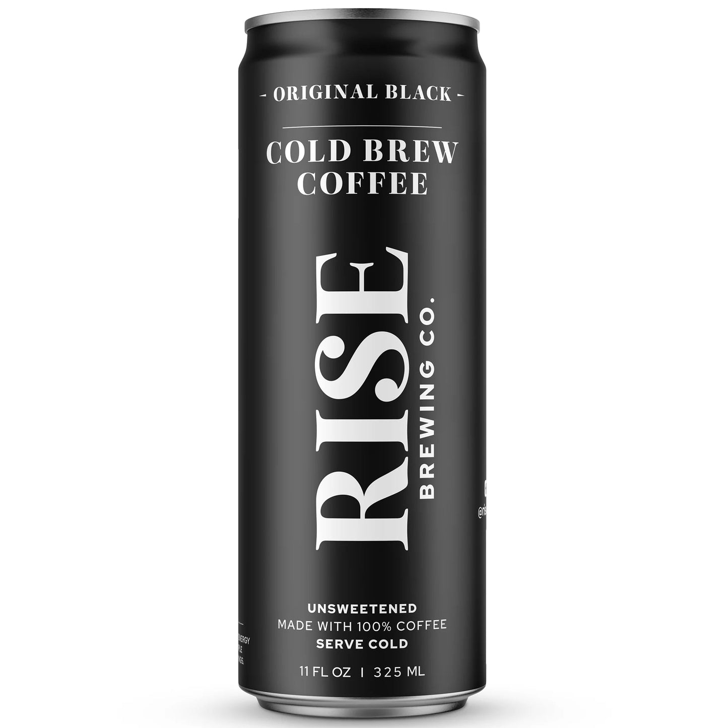 Black can of Rise Original Black Cold Brew Coffee on a white background