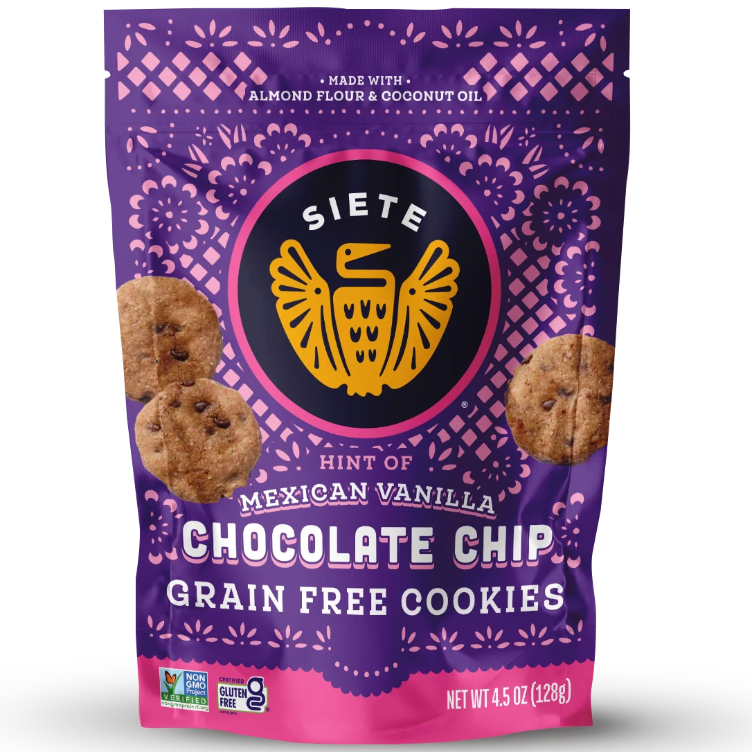 A stand-up pouch of Siete Hint of Mexican Vanilla Chocolate Chip Grain Free Cookies on a plain white background.