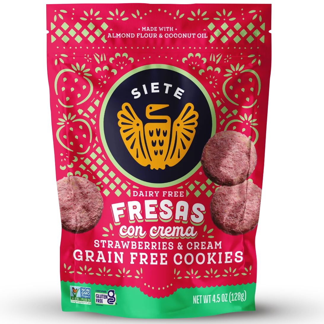 A stand-up pouch of Siete Dairy Free Fresas con Crema Strawberry & Cream Grain Free Cookies, featuring a red and green design with a central yellow logo.