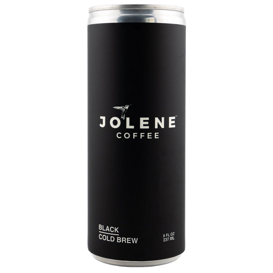 A single black can of JoLene Coffee Black Cold Brew on a plain white background.