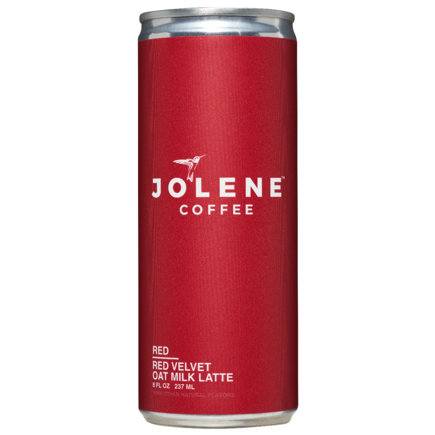 A single red aluminum can of Jolene Coffee Red Velvet Oat Milk Latte on a plain white background.