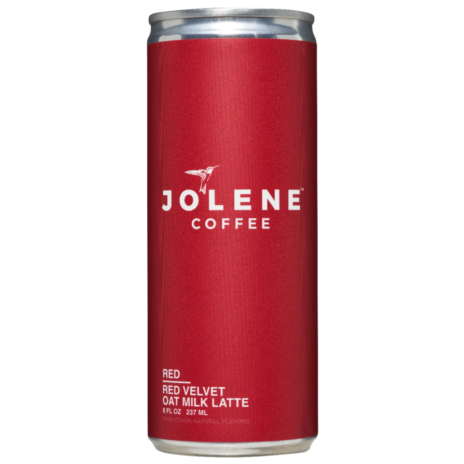 A single red aluminum can of Jolene Coffee Red Velvet Oat Milk Latte on a plain white background.