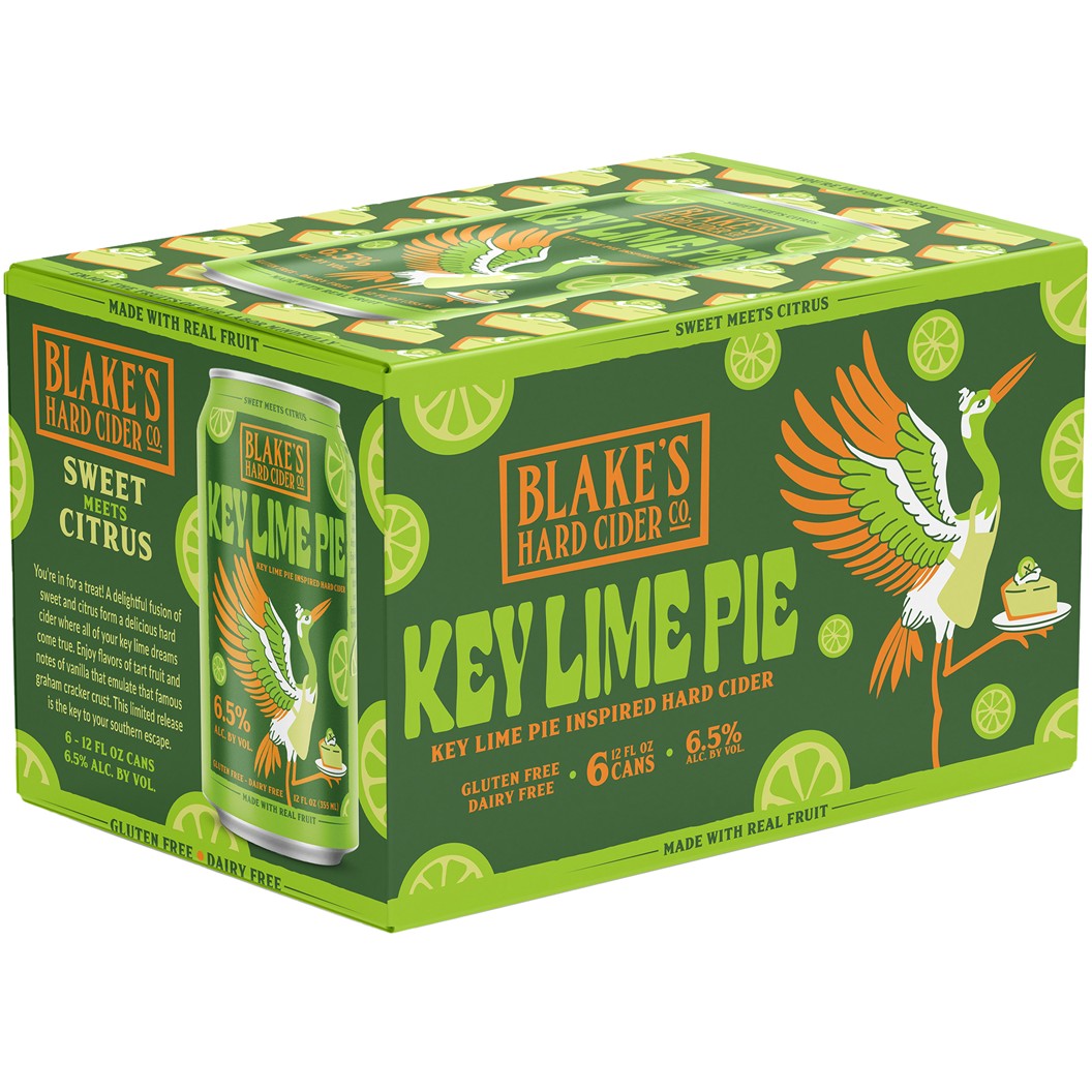 A 6-pack cardboard box of Blake's Hard Cider Co. Key Lime Pie inspired hard cider, featuring a green and lime-green design with an illustration of a flying crane holding a key lime pie slice.