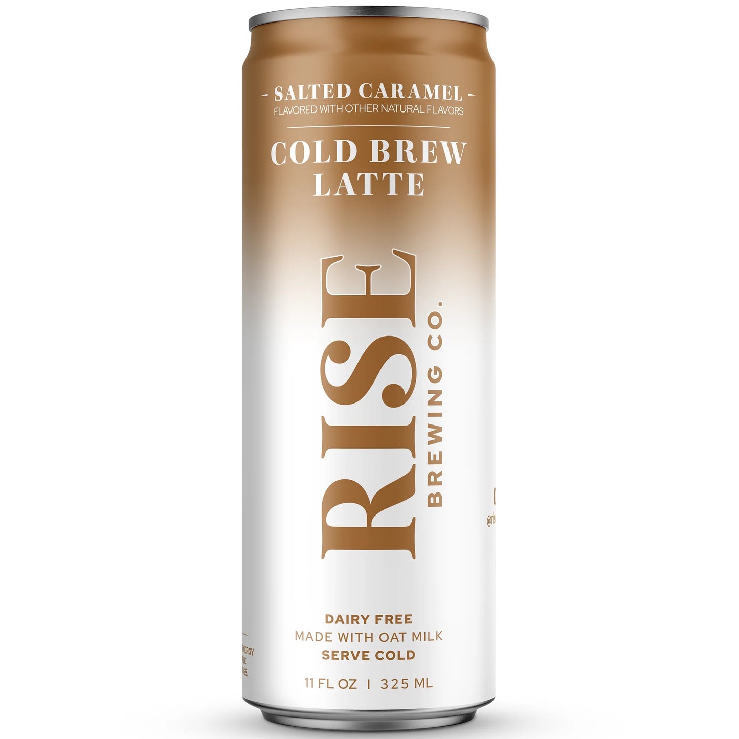 A single aluminum can of Rise Brewing Co. Salted Caramel Cold Brew Latte, featuring a white and caramel-brown gradient design with gold lettering, set against a plain white background.