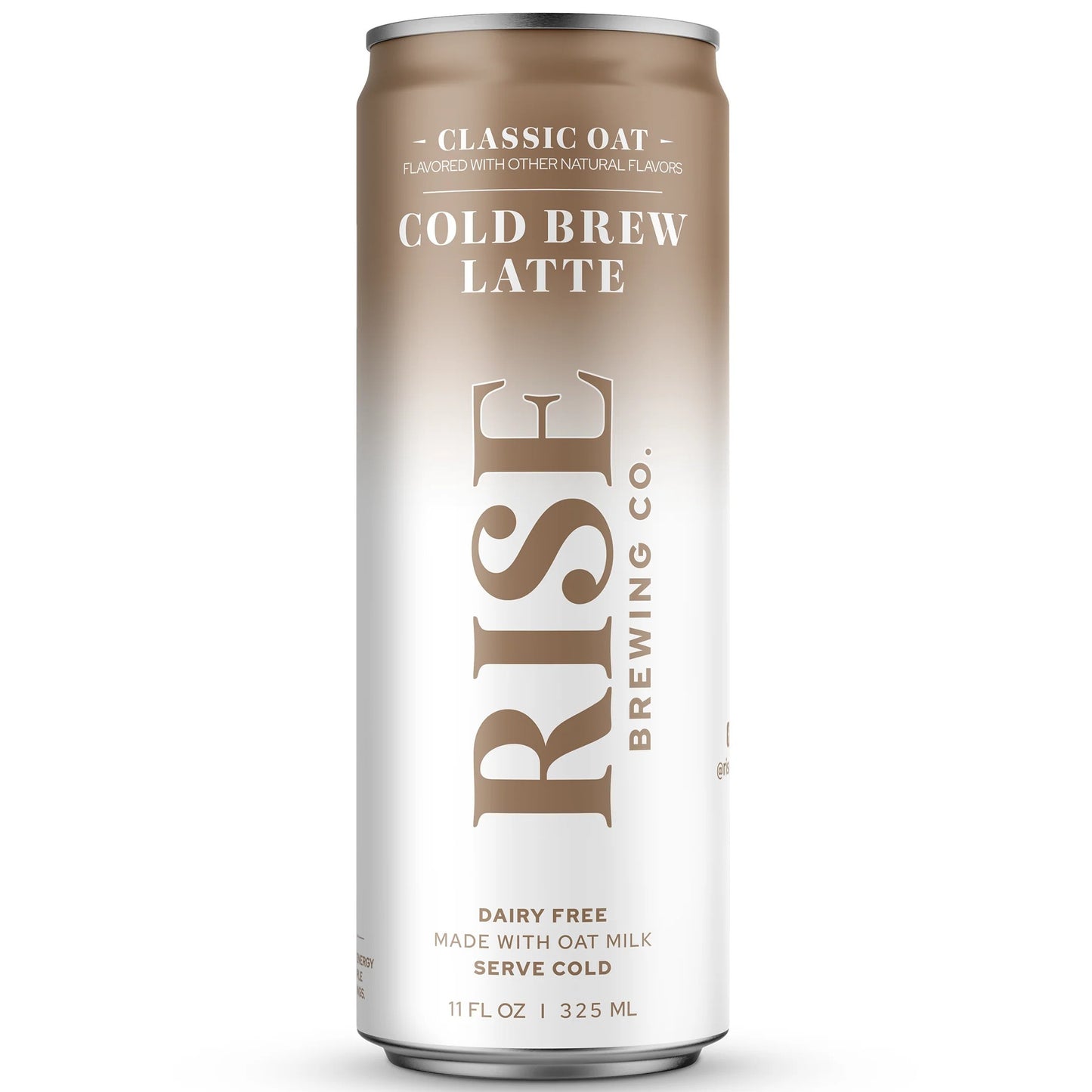 A single can of Rise Brewing Co. Classic Oat Cold Brew Latte on a clean white background.