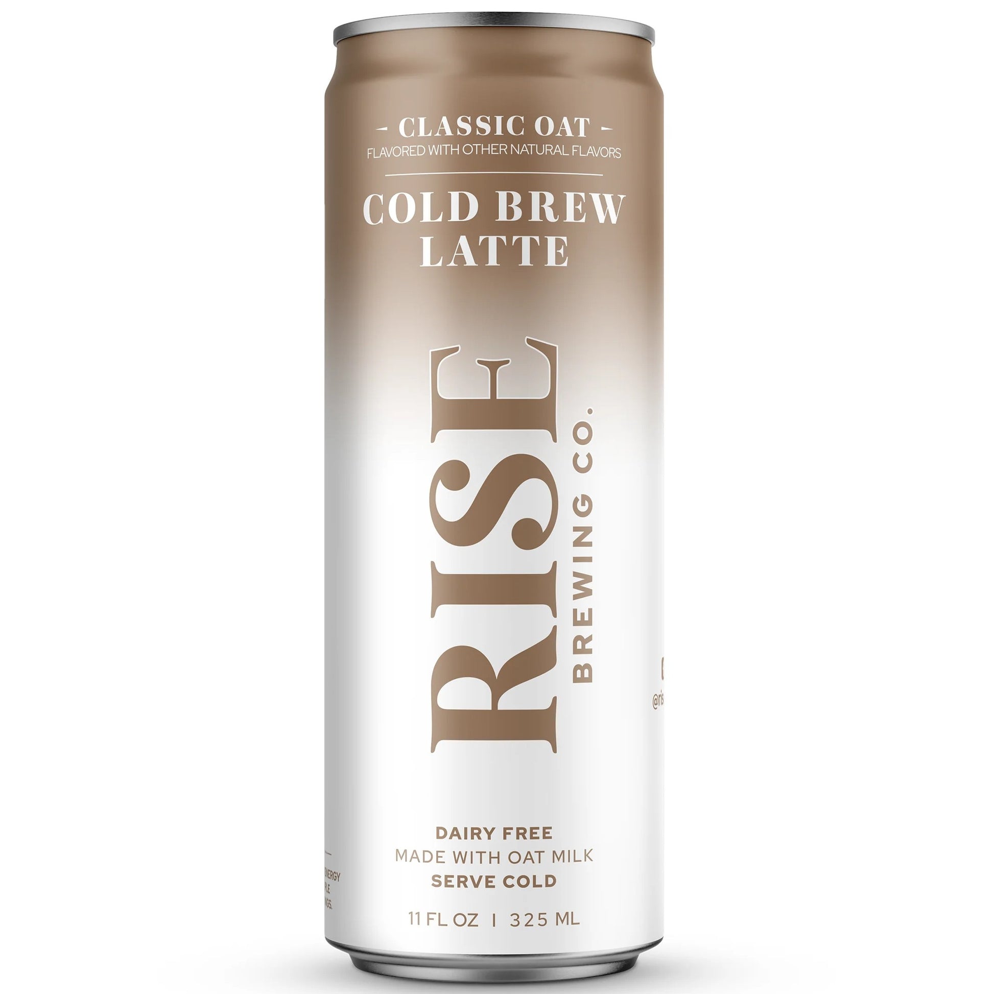 A single can of Rise Brewing Co. Classic Oat Cold Brew Latte on a clean white background.