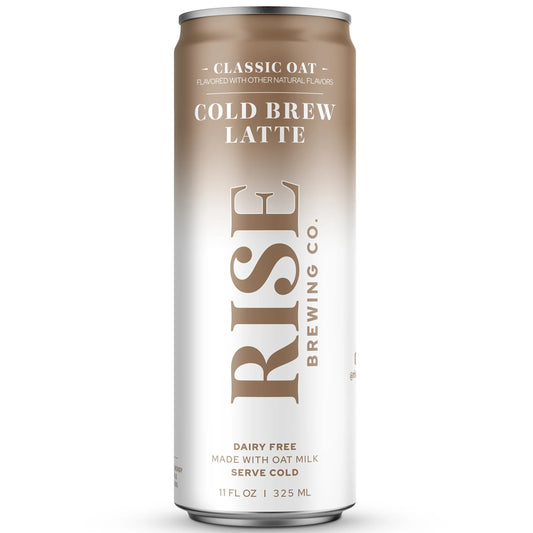 A single can of Rise Brewing Co. Classic Oat Cold Brew Latte on a clean white background.