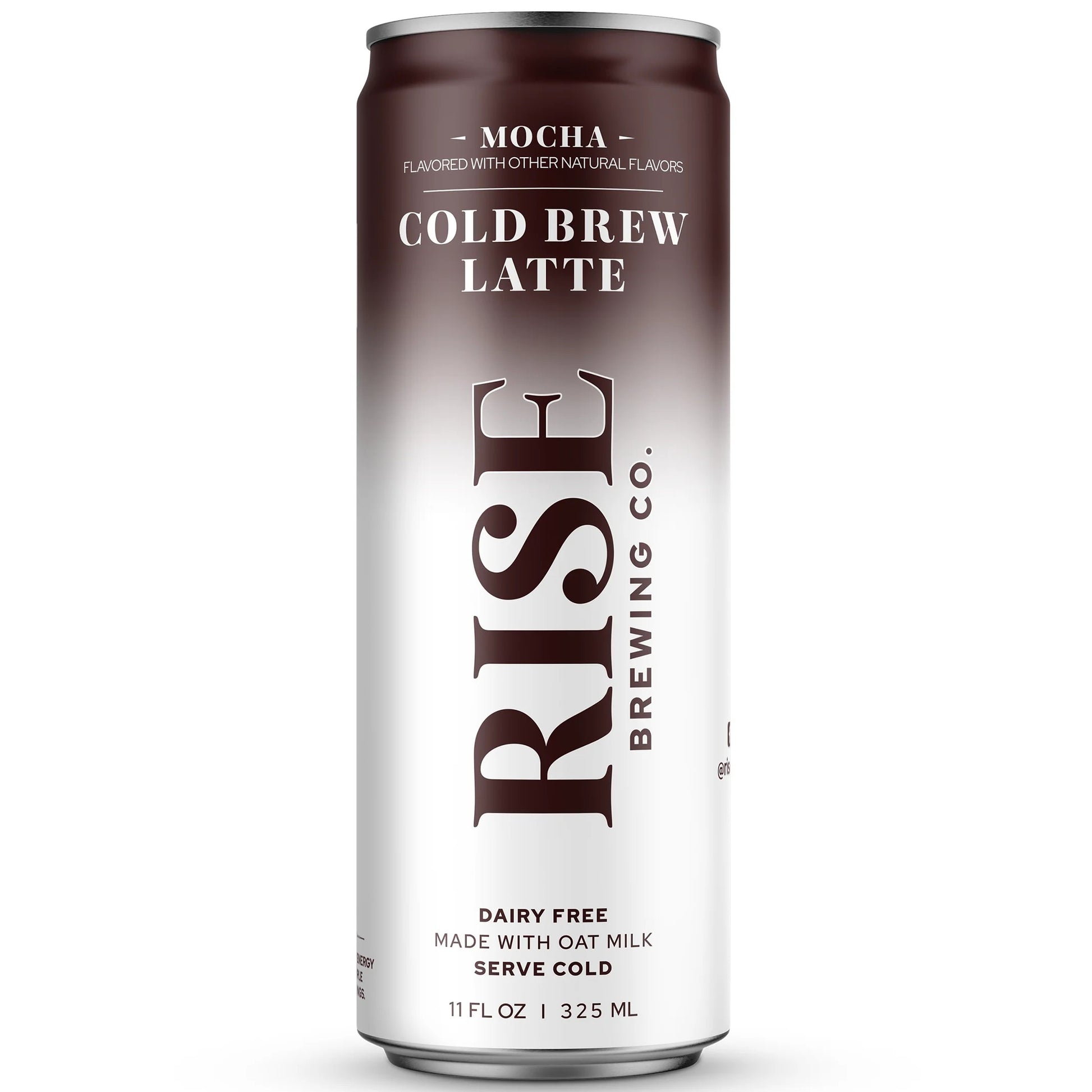 A single can of Rise Brewing Co. Cold Brew Latte in Mocha flavor, shown on a clean white background.