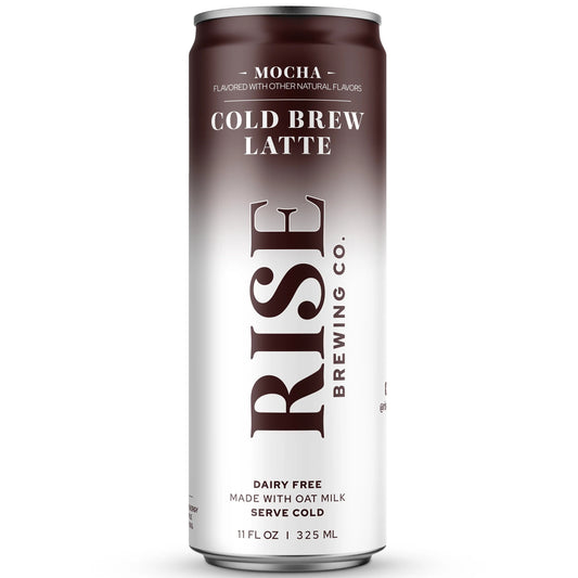 A single can of Rise Brewing Co. Cold Brew Latte in Mocha flavor, shown on a clean white background.
