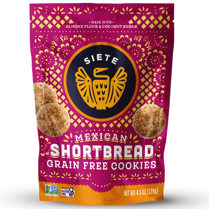 A 4.5 oz bag of Siete Mexican Shortbread Grain Free Cookies, featuring a bright magenta and orange package with a central black and gold logo.