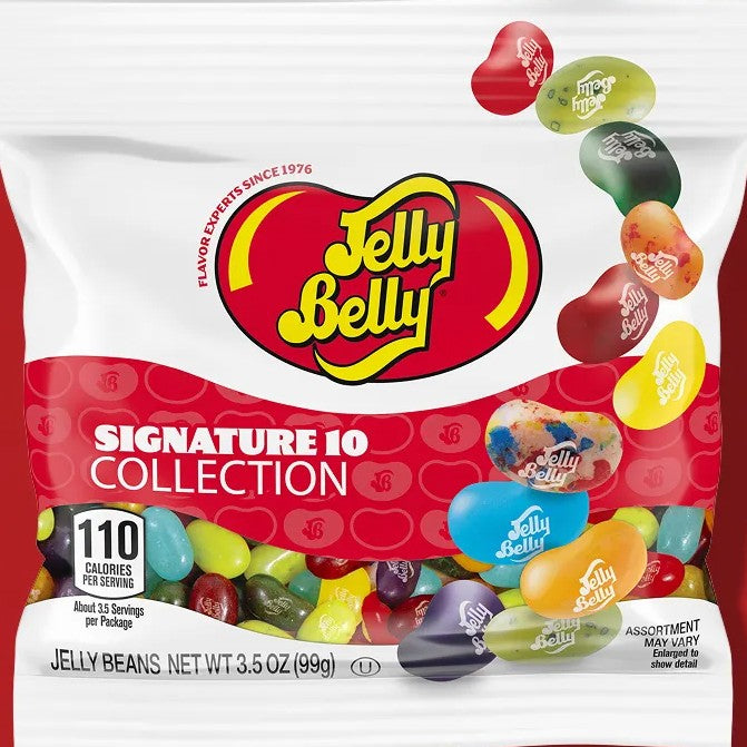 A 3.5 oz bag of Jelly Belly Signature 10 Collection jelly beans, featuring the classic red and yellow logo and illustrations of assorted colorful jelly beans.
