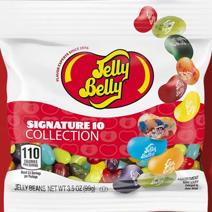 A 3.5 oz bag of Jelly Belly Signature 10 Collection jelly beans, featuring the classic red and yellow logo and illustrations of assorted colorful jelly beans.