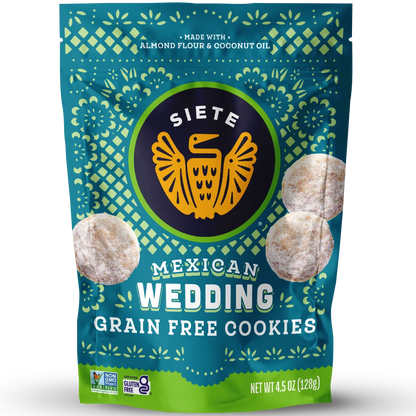 A 4.5 oz bag of Siete Mexican Wedding Grain Free Cookies, featuring a teal and green patterned stand-up pouch with a central circular logo and illustrations of the cookies.