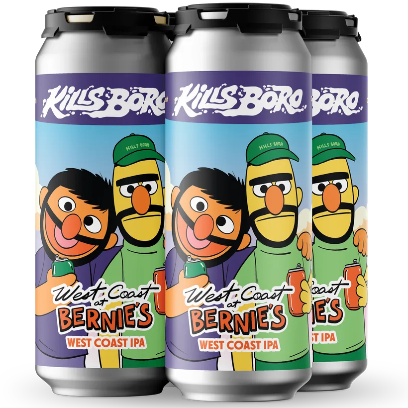 Three aluminum craft beer cans standing upright on a white background. The cans have a colorful label featuring cartoon characters and the text 'Kills Bork' and 'West Coast of Bernie's IPA'.