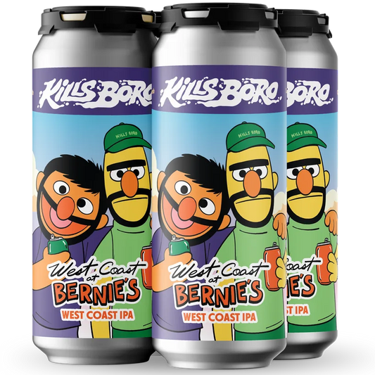 Three aluminum craft beer cans standing upright on a white background. The cans have a colorful label featuring cartoon characters and the text 'Kills Bork' and 'West Coast of Bernie's IPA'.
